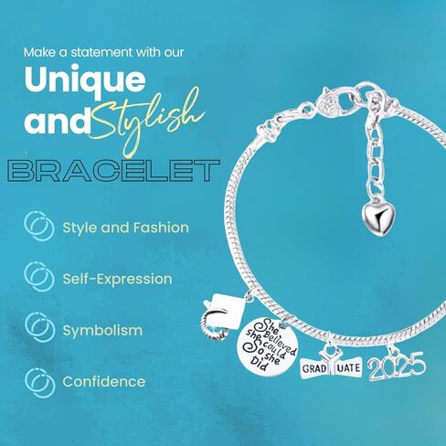 Infinity Collection Silver Stainless Steel Beaded Adjustable Bracelet with Graduation Charms – She Believed She Could So She Did, 2025 Graduate Cap & Diploma – Gift for Graduates in Saudi Arabia