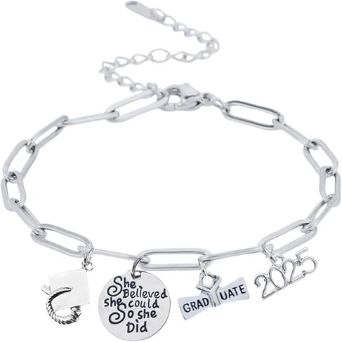 Infinity Collection Silver Stainless Steel Beaded Adjustable Bracelet with Graduation Charms – She Believed She Could So She Did, 2025 Graduate Cap & Diploma – Gift for Graduates in Saudi Arabia