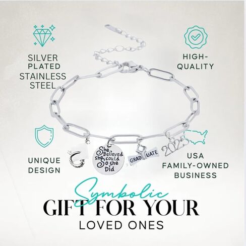 Infinity Collection Silver Stainless Steel Beaded Adjustable Bracelet with Graduation Charms – She Believed She Could So She Did, 2025 Graduate Cap & Diploma – Gift for Graduates in Saudi Arabia