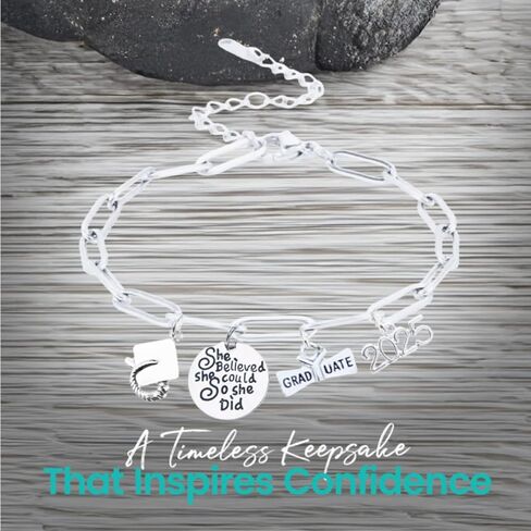 Infinity Collection Silver Stainless Steel Beaded Adjustable Bracelet with Graduation Charms – She Believed She Could So She Did, 2025 Graduate Cap & Diploma – Gift for Graduates in Saudi Arabia