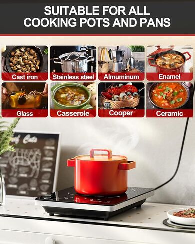 Portable Induction Cooktop, 1800W Hot Plate Countertop Burner with 8 Temp Levels, Timer, Auto-Shut-Off, Touch Panel, LED Display, Auto Pot Detection, Child Safety Lock in Saudi Arabia
