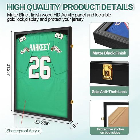 Jersey Frame Display Case for Wall ,Large Lockable T-Shirt Shadow Box with Clear UV Protection Acrylic & Hangers for Football Basketball Baseball Soccer Hockey, Matte Black 1 Pack in Saudi Arabia
