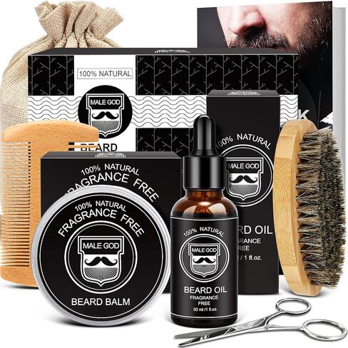 MALE GOD Beard Kit w/Beard Oil, Balm, Brush, Comb - Father's Day Gifts from Daughter Wife Son, Natural Shea Butter for Reducing Frizz, Anniversary & Birthday Gifts for Men Him Boyfriend Husband Dad ﻿ in Kuwait