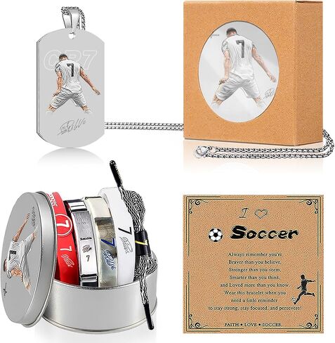 6pcs C.R No.7 Soccer Sports Bracelets Set Set ، Number.7 Titanium Steel Stelectible Wristband ، No.7 Soccer Star Necklace ، Number. in Saudi Arabia