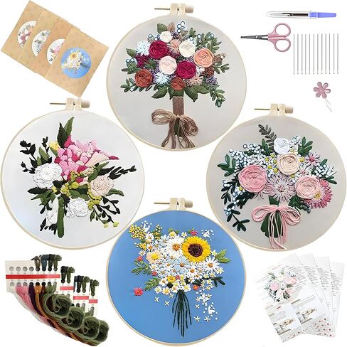 QOWMMYID 4 PCS الزهور مجموعات التطريز للبالغين ، يدوي DIY Cross Stitch KITS KITS METS للمبتدئين تعليمات التشغيل سهلة المتابعة مع خيوط الطوق وأنماط الزهور (4pcs) in Kuwait