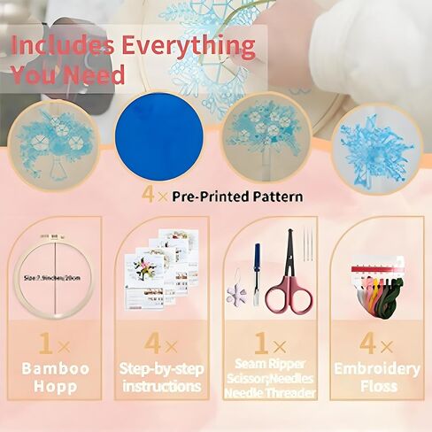 QOWMMYID 4 PCS الزهور مجموعات التطريز للبالغين ، يدوي DIY Cross Stitch KITS KITS METS للمبتدئين تعليمات التشغيل سهلة المتابعة مع خيوط الطوق وأنماط الزهور (4pcs) in Kuwait