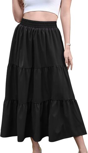 HUSKARY Women Summer Midi Skirt Casual Elastic High Waist Pleated A-Line Flowy Swing Tiered Beach Vacation Skirts in Saudi Arabia