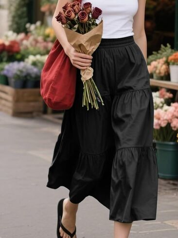 HUSKARY Women Summer Midi Skirt Casual Elastic High Waist Pleated A-Line Flowy Swing Tiered Beach Vacation Skirts in Saudi Arabia