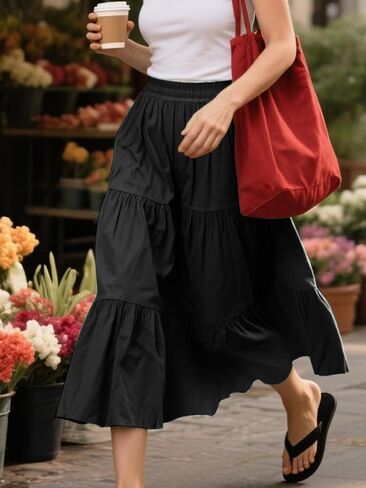 HUSKARY Women Summer Midi Skirt Casual Elastic High Waist Pleated A-Line Flowy Swing Tiered Beach Vacation Skirts in Saudi Arabia