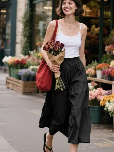 HUSKARY Women Summer Midi Skirt Casual Elastic High Waist Pleated A-Line Flowy Swing Tiered Beach Vacation Skirts in Saudi Arabia