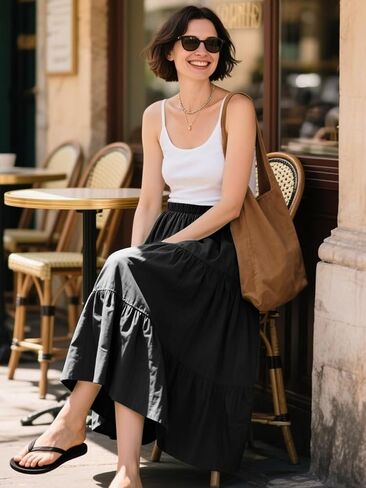 HUSKARY Women Summer Midi Skirt Casual Elastic High Waist Pleated A-Line Flowy Swing Tiered Beach Vacation Skirts in Saudi Arabia
