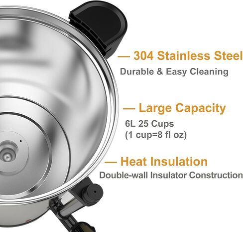 45-Cup Coffee Urn, Fast Brewing, Hot Beverage Dispenser, Commercial Double Wall Stainless Steel, Electric Percolator, Large Coffee Maker, Water Urn for Party, Home, Office, Gold Color in Saudi Arabia