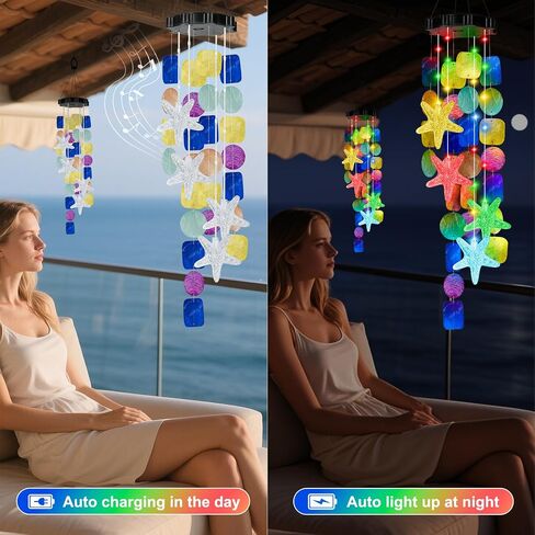 Solar Starfish Wind Chimes for Outside Mobile Shells Wind Chimes Hanging Decorative Lights for Holiday Garden Porch Yard Window Party Outdoor Decor, Gift for Mom Grandma Wife Girlfriend Neighbors in Saudi Arabia