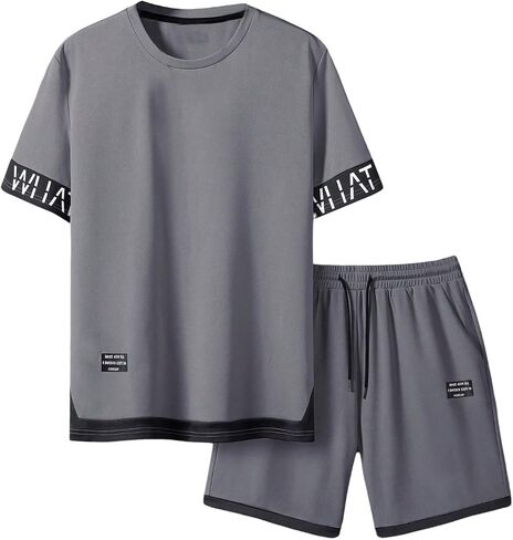 Men's 2 Piece Outfit Letter Graphic Short Sleeve T Shirts and Colorblock Track Shorts in Saudi Arabia