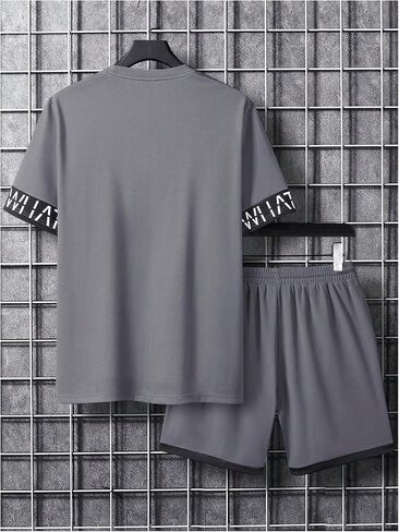 Men's 2 Piece Outfit Letter Graphic Short Sleeve T Shirts and Colorblock Track Shorts in Saudi Arabia