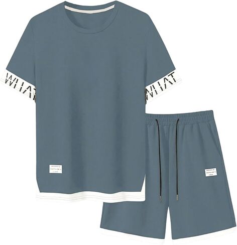 Men's 2 Piece Outfit Letter Graphic Short Sleeve T Shirts and Colorblock Track Shorts in Saudi Arabia