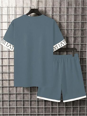 Men's 2 Piece Outfit Letter Graphic Short Sleeve T Shirts and Colorblock Track Shorts in Saudi Arabia