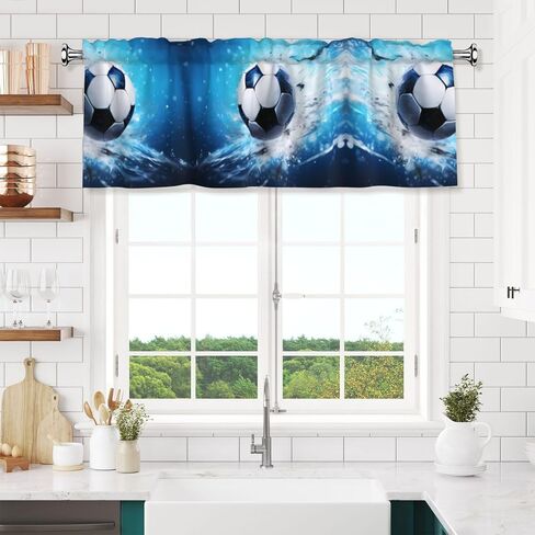 Soccer Ball Background Printed Short Curtains with Valance Rod 54x18in, Light Filtering, Easy Installation for Kitchen, Bathroom, Laundry Room, Studio in Saudi Arabia