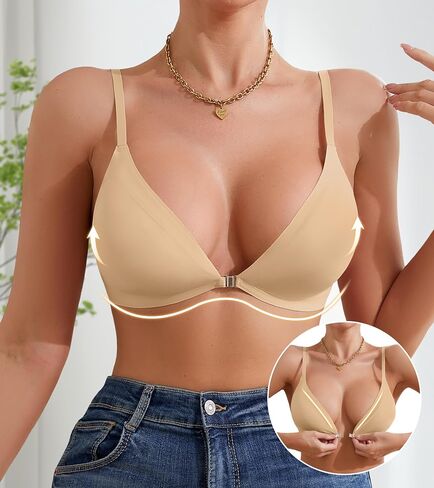 DEANGELMON Front Closure Bras for Women Wireless Lightly Padded Braletts Seamless Low Cut V-Neck Lightweight T-Shirts Bra Brown Large in Saudi Arabia