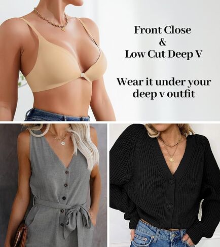 DEANGELMON Front Closure Bras for Women Wireless Lightly Padded Braletts Seamless Low Cut V-Neck Lightweight T-Shirts Bra Brown Large in Saudi Arabia