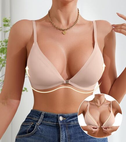 DEANGELMON Front Closure Bras for Women Wireless Lightly Padded Braletts Seamless Low Cut V-Neck Lightweight T-Shirts Bra Brown Large in Saudi Arabia