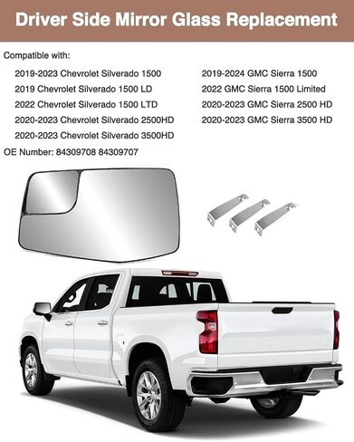 Passenger Side Mirror Glass Replacement for 2019 2020 2021 2022 2023 Chevy Silverado GMC Sierra 1500 2500 3500HD, Right Convex Heated Mirror with Backplate, Replaces 84309709 in Saudi Arabia