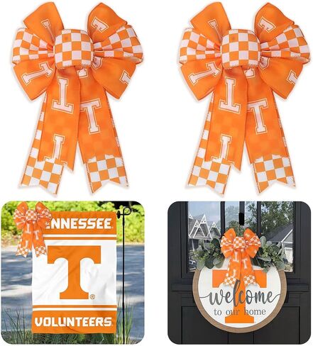 2PCS Tennessee Checkerboard Bow for Wreath Front Door, Orange White Letter T Tennessee Vols Wreath Bow for UT Football Fans Outdoor Tree Topper Decor Sports Party Supplies Hanging Ornament in Saudi Arabia