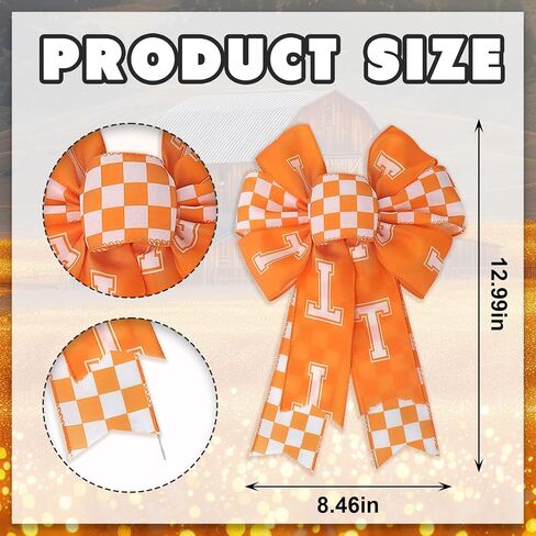2PCS Tennessee Checkerboard Bow for Wreath Front Door, Orange White Letter T Tennessee Vols Wreath Bow for UT Football Fans Outdoor Tree Topper Decor Sports Party Supplies Hanging Ornament in Saudi Arabia