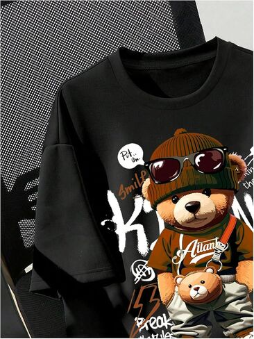 WDIRARA Boy's Bear Graphic Tees Short Sleeve Crewneck T Shirts Cartoon Summer Tops in Kuwait