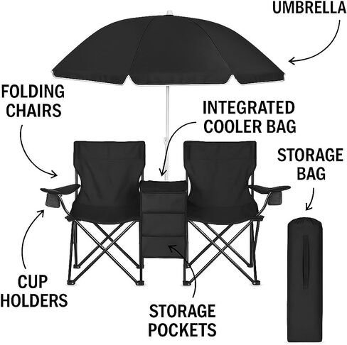 غوتيم! كرسي معسكر قابل للطي محمول مع حاملي برودة ومظلة وكأس-نزهة في الهواء الطلق أو الشاطئ أو المقاعد الخلفية-تشمل علبة حمل (الفحم) in Kuwait