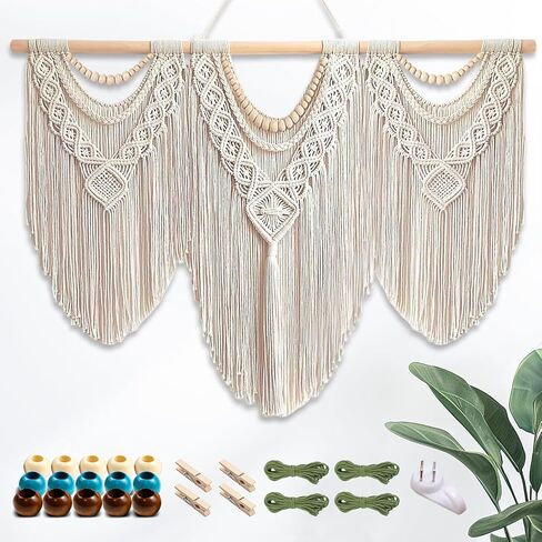 Large Macrame Wall Hanging – Boho Handmade Tapestry 43" x 32" with Wooden Beads & Rod for Living Room, Bedroom, Wedding & Apartment Decor (Includes 3-Color Beads, Clips & Green Cotton Rope for DIY) in Kuwait
