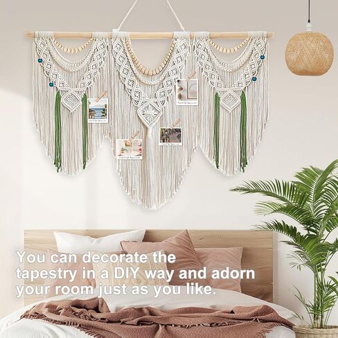 Large Macrame Wall Hanging – Boho Handmade Tapestry 43" x 32" with Wooden Beads & Rod for Living Room, Bedroom, Wedding & Apartment Decor (Includes 3-Color Beads, Clips & Green Cotton Rope for DIY) in Kuwait