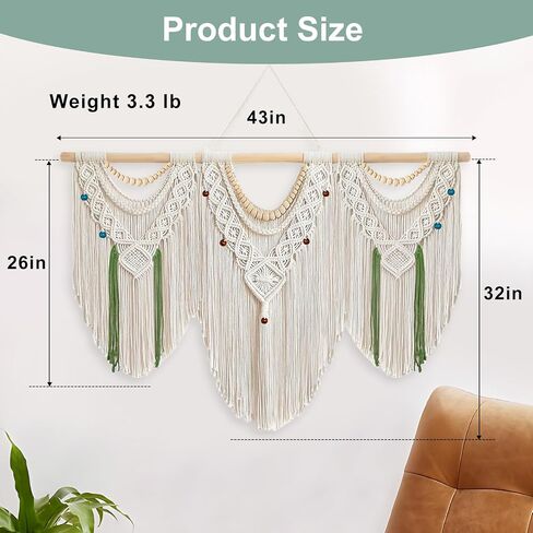 Large Macrame Wall Hanging – Boho Handmade Tapestry 43" x 32" with Wooden Beads & Rod for Living Room, Bedroom, Wedding & Apartment Decor (Includes 3-Color Beads, Clips & Green Cotton Rope for DIY) in Kuwait