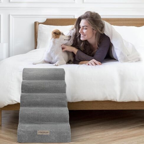Dog Stairs Ramp for Bed and Couch Up to 17'' – 3-Step Foam Steps with Washable Cover, Non-Slip Base & Gentle Slope, Ideal for Small Dogs, Older Cats, and Short-Legged Pets，Ash Grey in Kuwait