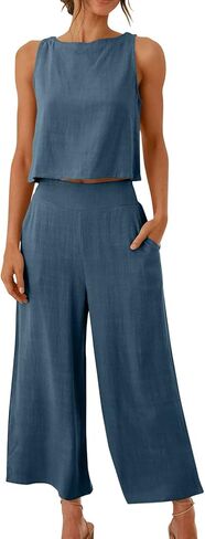 Womens 2 Piece Outfits Summer Tank Tops and Wide Leg Set Casual Linen Pants Set Sleeveless Crop Tops Two Piece Sets in Kuwait