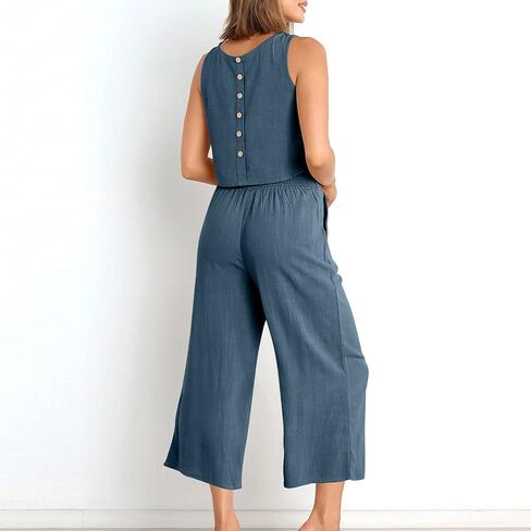 Womens 2 Piece Outfits Summer Tank Tops and Wide Leg Set Casual Linen Pants Set Sleeveless Crop Tops Two Piece Sets in Kuwait
