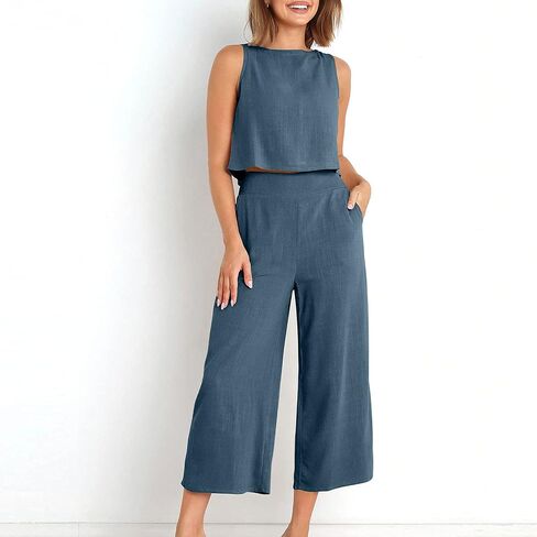 Womens 2 Piece Outfits Summer Tank Tops and Wide Leg Set Casual Linen Pants Set Sleeveless Crop Tops Two Piece Sets in Kuwait