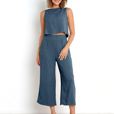 Womens 2 Piece Outfits Summer Tank Tops and Wide Leg Set Casual Linen Pants Set Sleeveless Crop Tops Two Piece Sets in Kuwait
