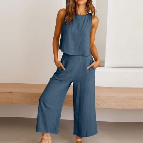 Womens 2 Piece Outfits Summer Tank Tops and Wide Leg Set Casual Linen Pants Set Sleeveless Crop Tops Two Piece Sets in Kuwait
