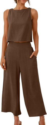 Womens 2 Piece Outfits Summer Tank Tops and Wide Leg Set Casual Linen Pants Set Sleeveless Crop Tops Two Piece Sets in Kuwait