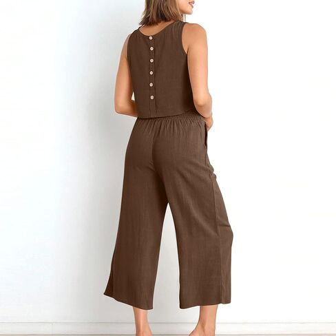 Womens 2 Piece Outfits Summer Tank Tops and Wide Leg Set Casual Linen Pants Set Sleeveless Crop Tops Two Piece Sets in Kuwait