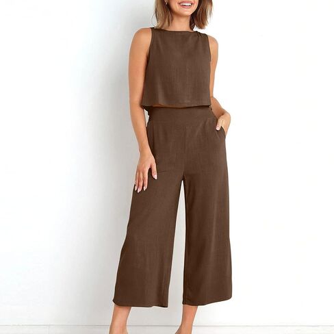 Womens 2 Piece Outfits Summer Tank Tops and Wide Leg Set Casual Linen Pants Set Sleeveless Crop Tops Two Piece Sets in Kuwait