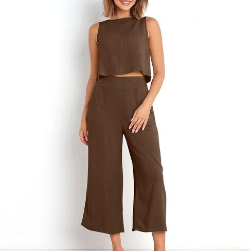 Womens 2 Piece Outfits Summer Tank Tops and Wide Leg Set Casual Linen Pants Set Sleeveless Crop Tops Two Piece Sets in Kuwait