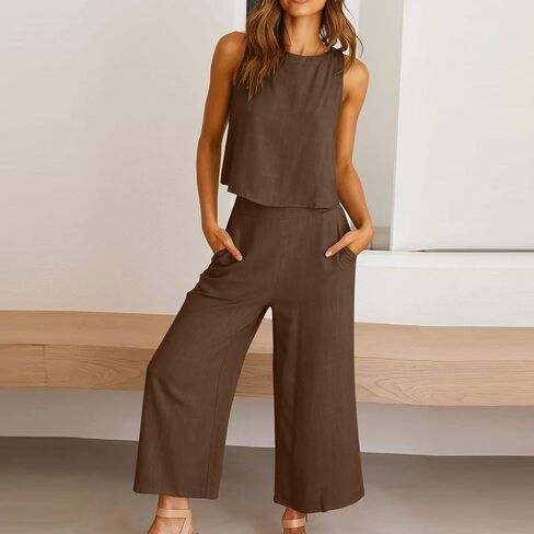 Womens 2 Piece Outfits Summer Tank Tops and Wide Leg Set Casual Linen Pants Set Sleeveless Crop Tops Two Piece Sets in Kuwait