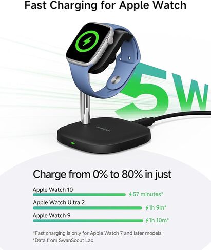Watch Charger Stand for Apple Watch Series 10/Ultra 2/Ultra/9/8/7/6/5/4/3/SE 2 ، Swanscout 505a ، شاحن لاسلكي مغناطيسي لـ IWatch ، لـ AirPods 4/Airpods Pro 2 in Kuwait