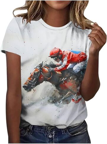 Vintage Graphic T-Shirt for Women Short Sleeve Loose Fit Tunic Tops Funny Horse Racing Tshirts Animal Print Tees in Kuwait