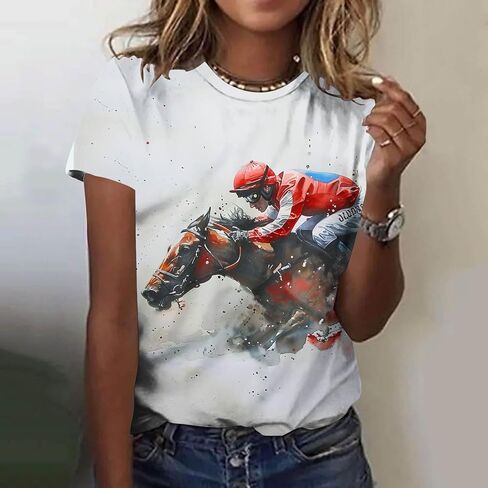 Vintage Graphic T-Shirt for Women Short Sleeve Loose Fit Tunic Tops Funny Horse Racing Tshirts Animal Print Tees in Kuwait