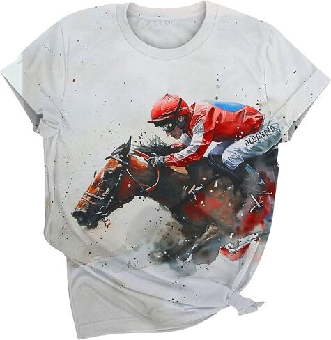 Vintage Graphic T-Shirt for Women Short Sleeve Loose Fit Tunic Tops Funny Horse Racing Tshirts Animal Print Tees in Kuwait