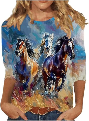 Horse Racing Shirts for Women 3/4 Sleeve Casual Tops Funny Graphic Tees Crewneck Loose Workout Tunic Blouse in Saudi Arabia