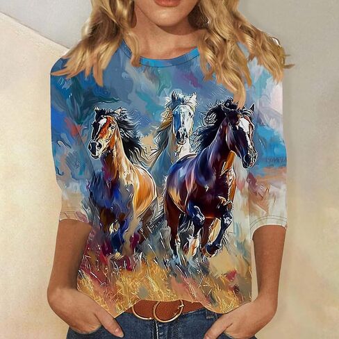 Horse Racing Shirts for Women 3/4 Sleeve Casual Tops Funny Graphic Tees Crewneck Loose Workout Tunic Blouse in Saudi Arabia